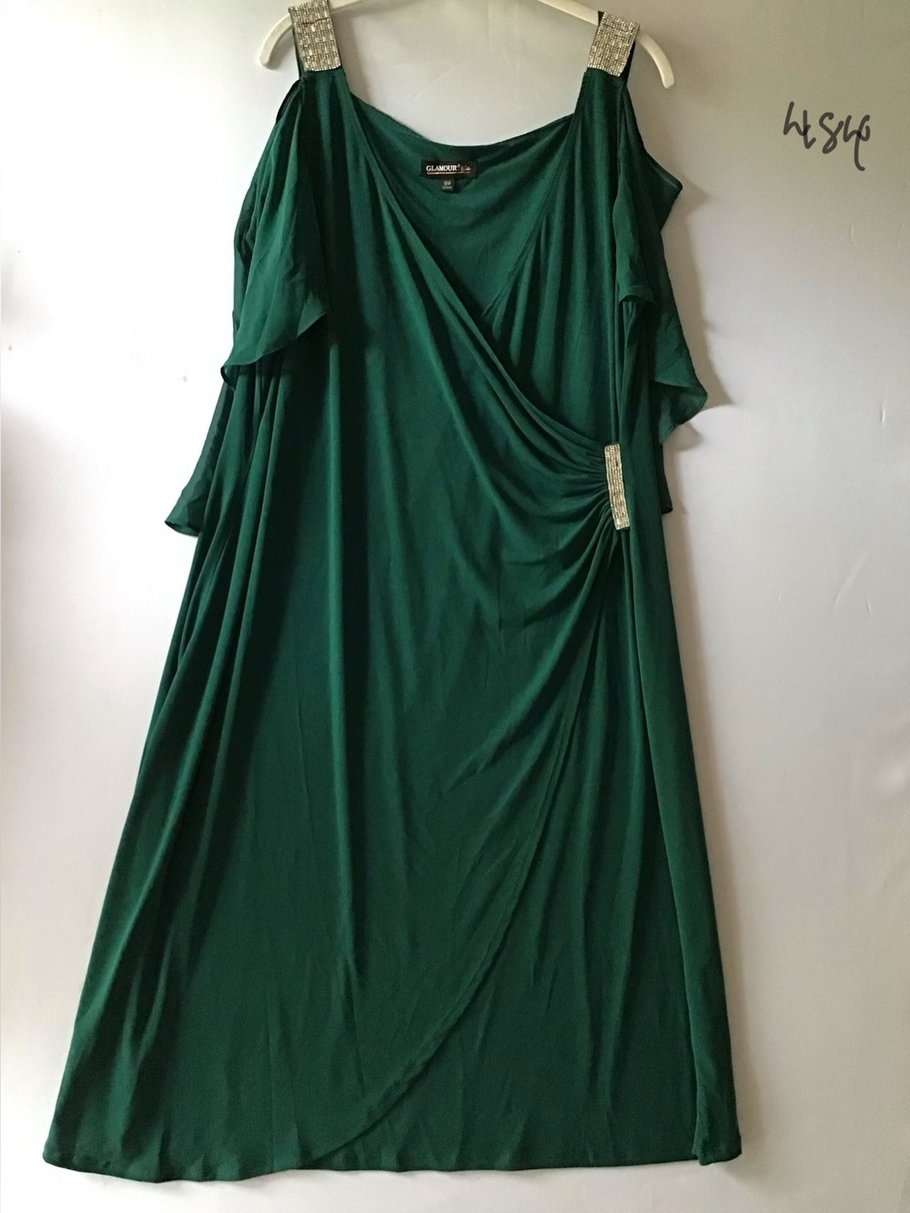 484 Glamour Emerald Green Midi Dress with Jeweled Straps